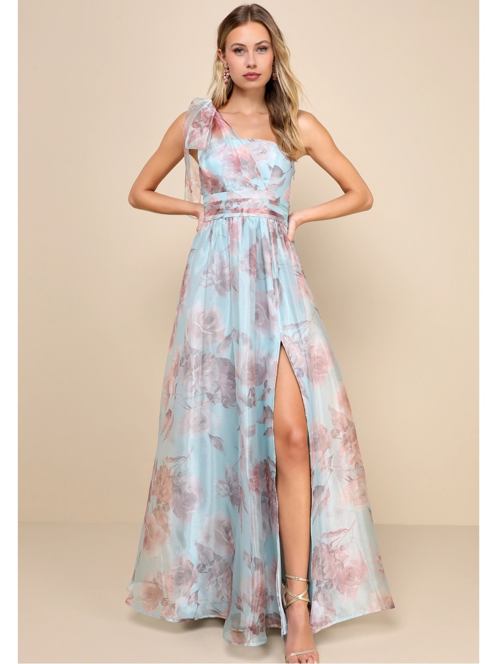 NWT Lulu’s Dramatically Lovely Blue Floral One-Shoulder Maxi Dress Medium Chic - Picture 3 of 14